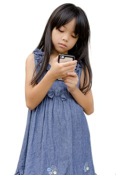 girl playing with phone mobile isolated on white background