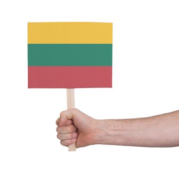 Hand holding small card, isolated on white - Flag of Lithuania
