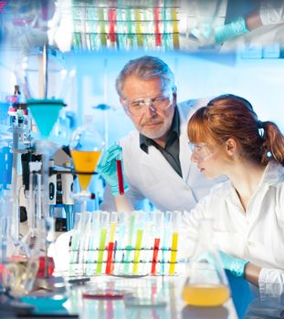 Attractive young female scientist and her senior male supervisor looking at the cell colony grown in the petri dish in the life science research laboratory.