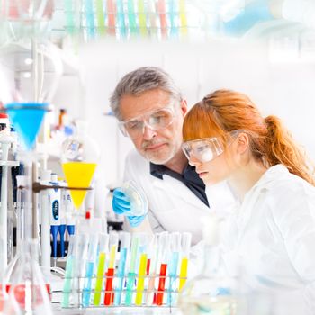 Attractive young female scientist and her senior male supervisor looking at the cell colony grown in the petri dish in the life science research laboratory