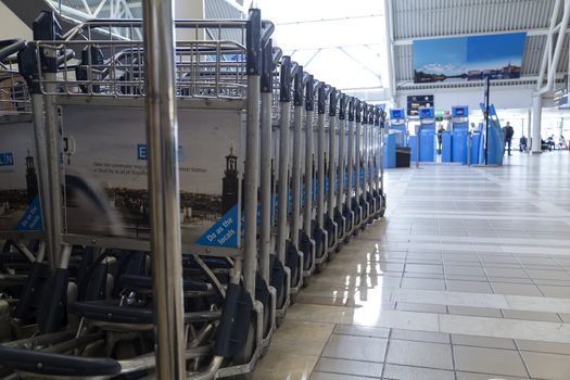 Trolleys in an airport for transporting luggage