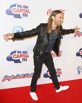 UNITED KINGDOM, London: David Guetta arrives to the O2 stadium ahead of Capital's Jingle Bell Ball on December 5, 2015.  The event shares a portion of the ticket sales profit with Global's Make Some Noise charity.  Stars in the photos include: David Guetta, F leur East, Jason Derulo,  Katy B, Marvin Humes, Nathan Sykes, Tinie Tempah, WSTRN, and Years and Years.      