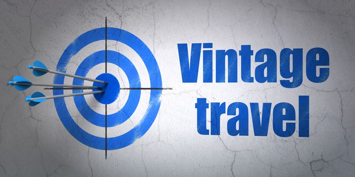 Success tourism concept: arrows hitting the center of target, Blue Vintage Travel on wall background