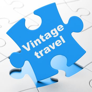 Travel concept: Vintage Travel on Blue puzzle pieces background, 3d render