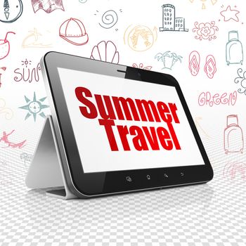 Tourism concept: Tablet Computer with  red text Summer Travel on display,  Hand Drawn Vacation Icons background