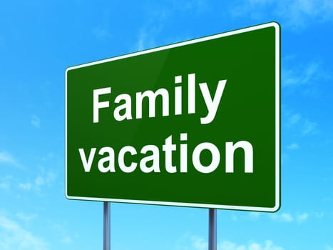 Tourism concept: Family Vacation on green road highway sign, clear blue sky background, 3d render