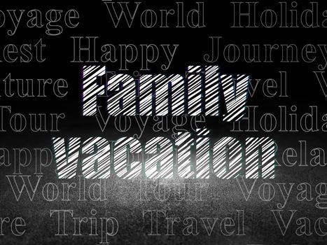 Tourism concept: Glowing text Family Vacation in grunge dark room with Dirty Floor, black background with  Tag Cloud