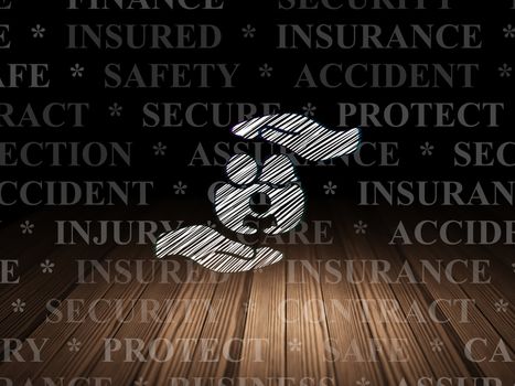 Insurance concept: Glowing Family And Palm icon in grunge dark room with Wooden Floor, black background with  Tag Cloud
