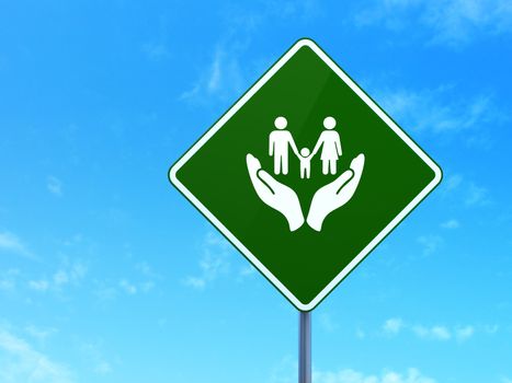 Insurance concept: Family And Palm on green road highway sign, clear blue sky background, 3d render