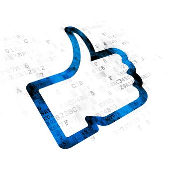 Social network concept: Pixelated blue Thumb Up icon on Digital background