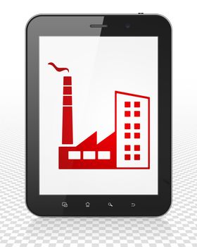 Manufacuring concept: Tablet Pc Computer with red Industry Building icon on display