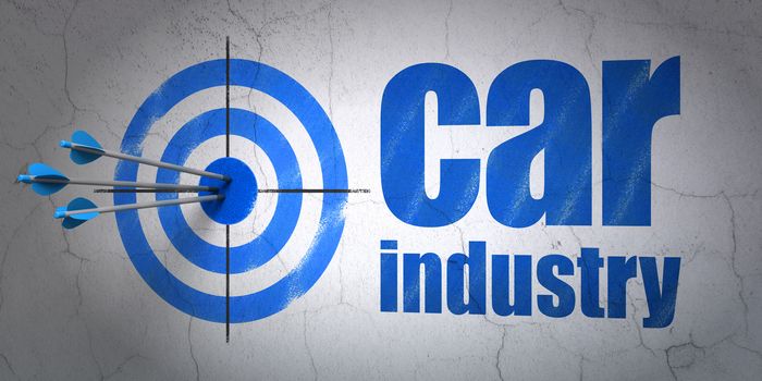 Success Manufacuring concept: arrows hitting the center of target, Blue Car Industry on wall background