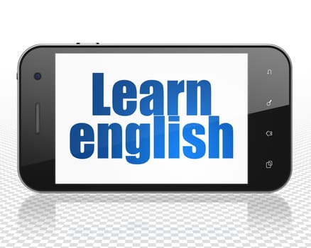 Learning concept: Smartphone with blue text Learn English on display