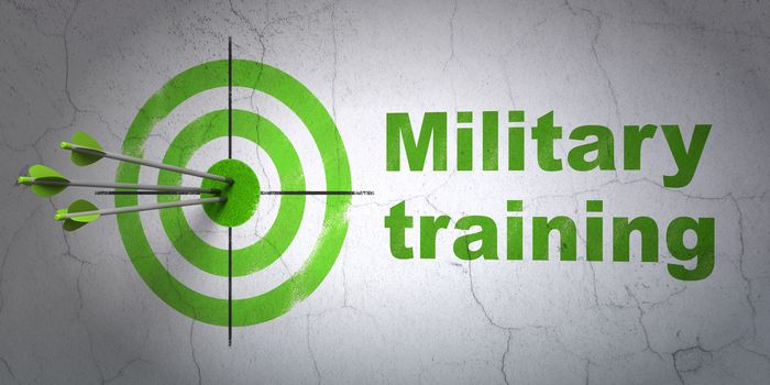 Success Learning concept: arrows hitting the center of target, Green Military Training on wall background