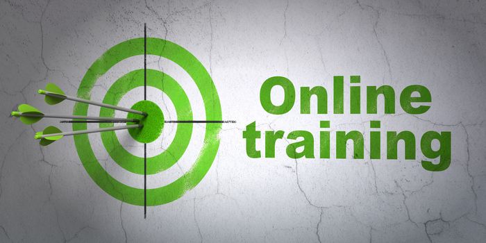 Success Learning concept: arrows hitting the center of target, Green Online Training on wall background