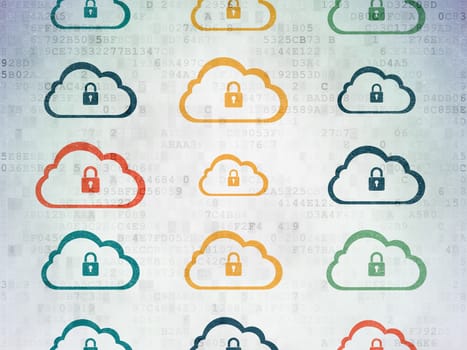 Cloud networking concept: Painted multicolor Cloud With Padlock icons on Digital Paper background