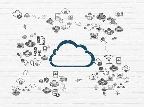 Cloud networking concept: Painted blue Cloud icon on White Brick wall background with Scheme Of Hand Drawn Cloud Technology Icons