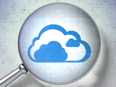 Cloud technology concept: magnifying optical glass with Cloud icon on digital background