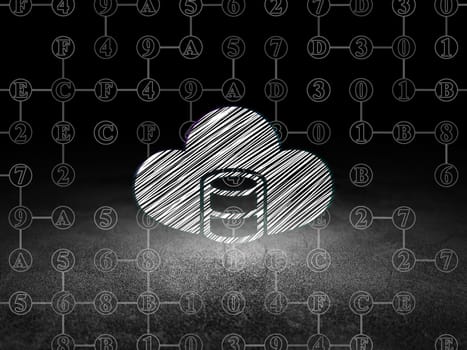 Cloud technology concept: Glowing Database With Cloud icon in grunge dark room with Dirty Floor, black background with Scheme Of Hexadecimal Code