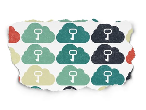 Cloud networking concept: Painted multicolor Cloud With Key icons on Torn Paper background