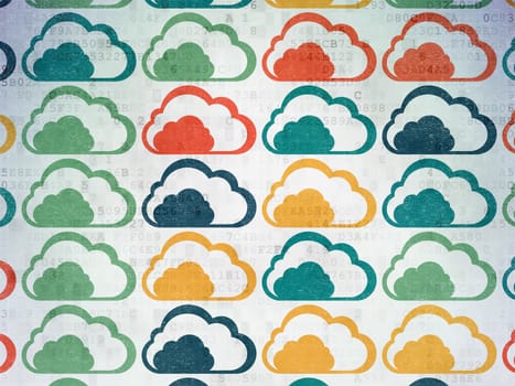 Cloud networking concept: Painted multicolor Cloud icons on Digital Paper background