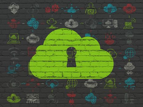 Cloud computing concept: Painted green Cloud With Keyhole icon on Black Brick wall background with Scheme Of Hand Drawn Cloud Technology Icons