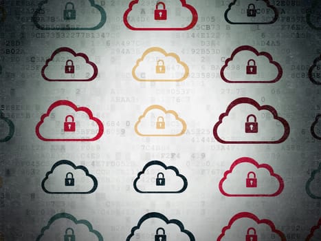 Cloud networking concept: Painted multicolor Cloud With Padlock icons on Digital Paper background