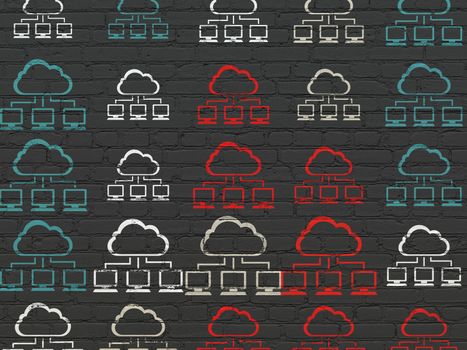 Cloud technology concept: Painted multicolor Cloud Network icons on Black Brick wall background