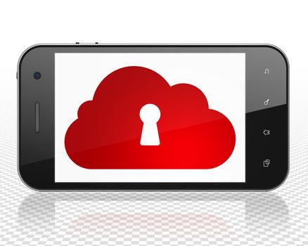 Cloud computing concept: Smartphone with red Cloud With Keyhole icon on display