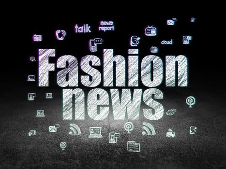 News concept: Glowing text Fashion News,  Hand Drawn News Icons in grunge dark room with Dirty Floor, black background