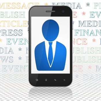 News concept: Smartphone with  blue Business Man icon on display,  Tag Cloud background