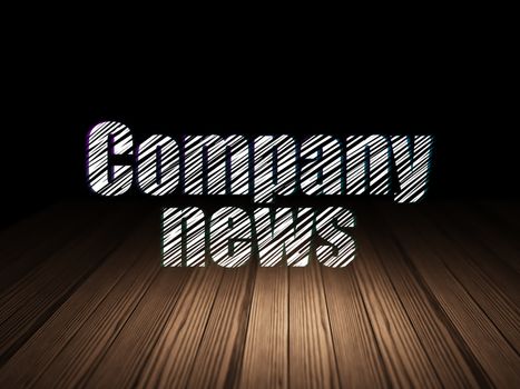 News concept: Glowing text Company News in grunge dark room with Wooden Floor, black background