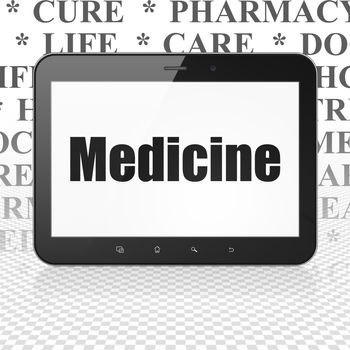 Health concept: Tablet Computer with  black text Medicine on display,  Tag Cloud background