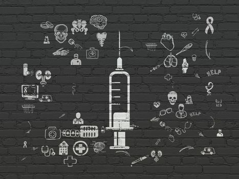 Healthcare concept: Painted white Syringe icon on Black Brick wall background with Scheme Of Hand Drawn Medicine Icons