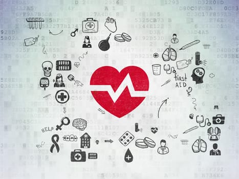 Health concept: Painted red Heart icon on Digital Paper background with Scheme Of Hand Drawn Medicine Icons