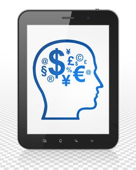 Advertising concept: Tablet Pc Computer with blue Head With Finance Symbol icon on display
