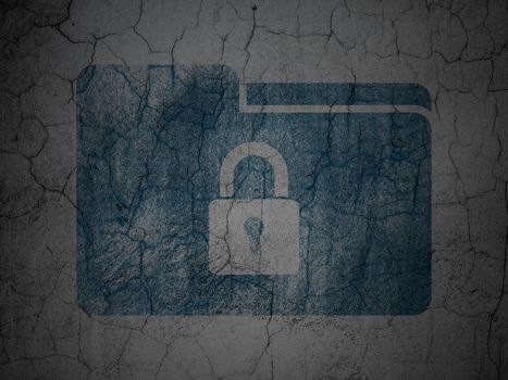 Business concept: Blue Folder With Lock on grunge textured concrete wall background