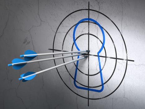 Success safety concept: arrows hitting the center of Blue Keyhole target on wall background