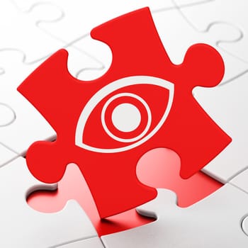 Privacy concept: Eye on Red puzzle pieces background, 3d render