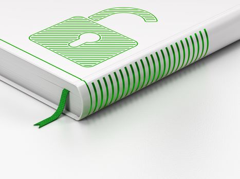 Safety concept: closed book with Green Opened Padlock icon on floor, white background, 3d render