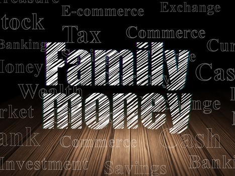 Money concept: Glowing text Family Money in grunge dark room with Wooden Floor, black background with  Tag Cloud