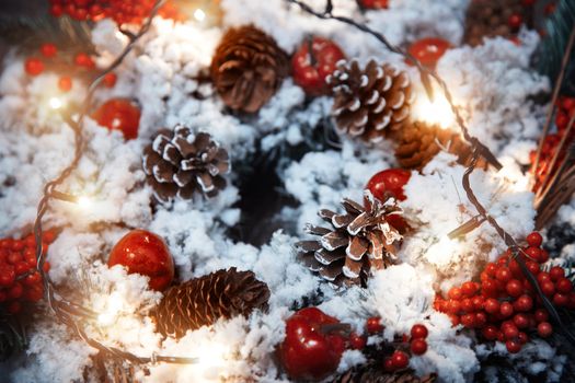 Christmas wreath and light. Close-up horizontal photo