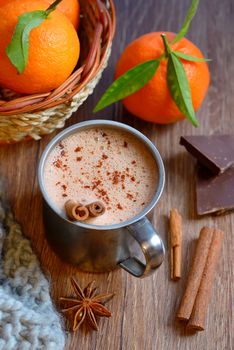Homemade Peppermint Hot Chocolate on old wooden table