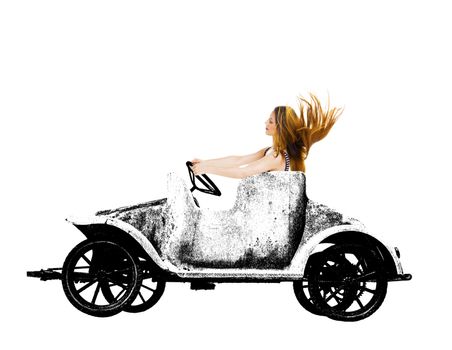 Woman in retro grunge toy car over a white background.