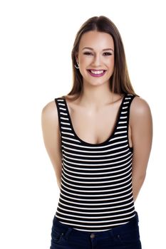 Casual young woman over a white background.