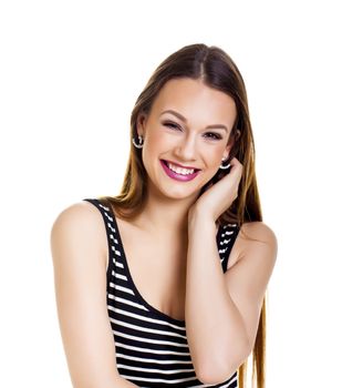 Casual young woman over a white background.