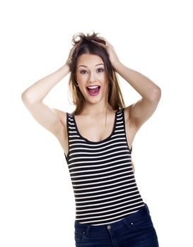 Casual young woman over a white background.