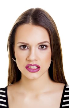 Casual young woman over a white background.