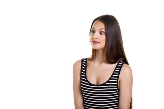 Casual young woman over a white background.