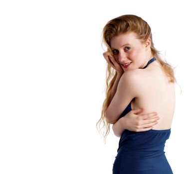 Fashionable blond woman over a white background.